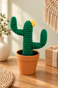 Cactus decorativo Saguin tejido a mano en color verde, con ramas curvas, flor roja y maceta de terracota sobre una superficie artesanal.