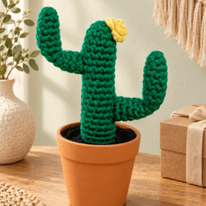Cactus decorativo Saguin tejido a mano en color verde, con ramas curvas, flor roja y maceta de terracota sobre una superficie artesanal.
